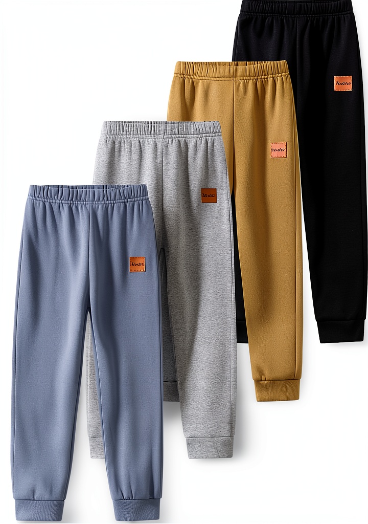 KidCo Boys 4‑Pack Cotton Blend Sweatpants 5‑6 Years Black Blue Gray displayed on a wooden floor with a toddler playing nearby